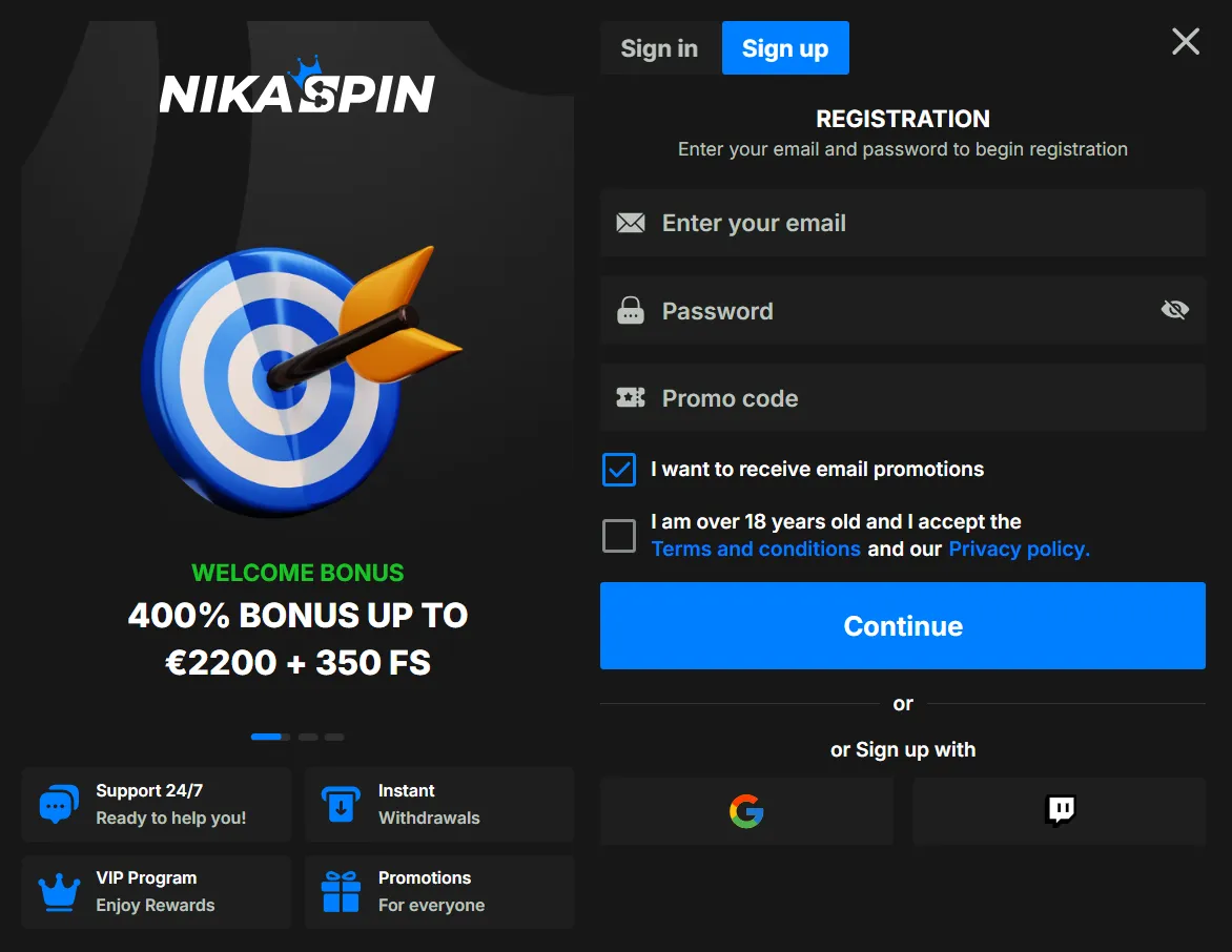 Nika Spin Casino sign up